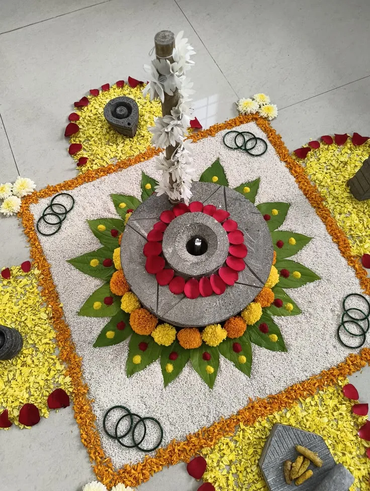 Welcome flower rangoli arranged in yellow and white petals