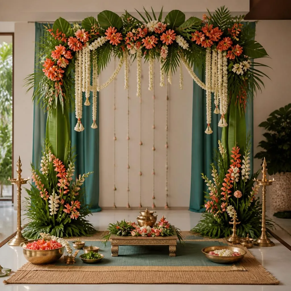 AI-generated mandap decor concept with orange and white florals, foliage, teal drapes and brass lamps; not a photograph of completed work.